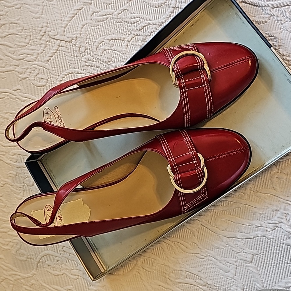 Red patent leather slingback heels